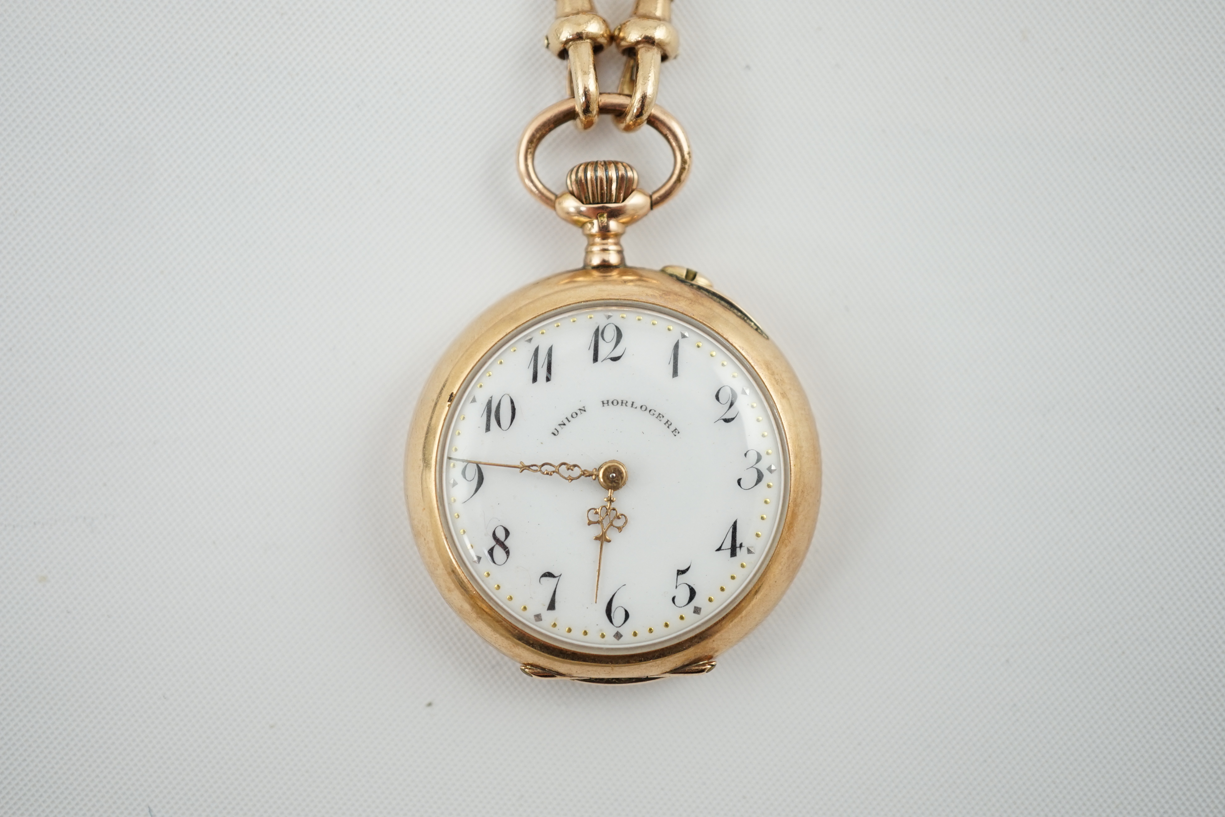 A Swiss 14k gold keyless open face fob watch